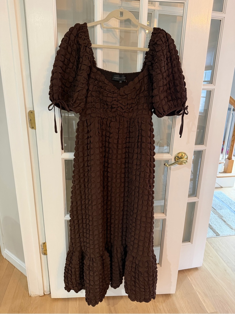 Endless Rose, Anthropology Chocolate Brown Textured Maxi Dress with Puff Sleeves